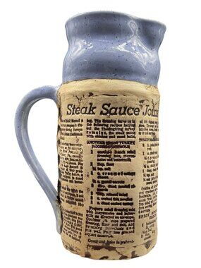 Vtg Style Ceramic Pitcher Recipe Print Rustic Blue Glaze Signed By Evelyn 7.5"H
